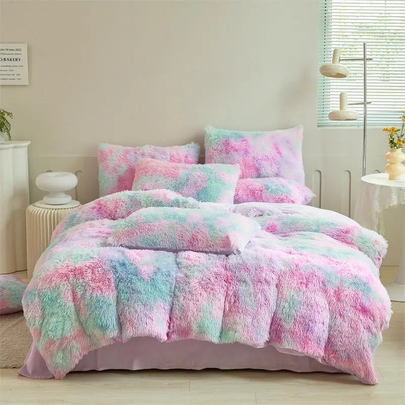 Fluffy Tie Dye Duvet Cover Set, 2/3Pcs Soft Comfortable Plush Duvet Cover & Pillowcase Set without Filler