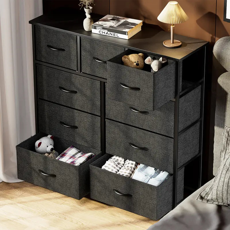 Sweetfurniture Dresser, Dresser for Bedroom, Storage Drawers, Tall Dresser Fabric Storage Tower with 9 Drawers, Chest of Drawers with Fabric Bins, Steel Frame, Wooden Top for Kid Room, Closet, Entryway, Nursery