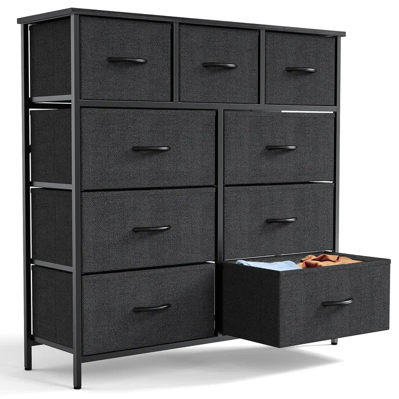 Sweetfurniture Dresser, Dresser for Bedroom, Storage Drawers, Tall Dresser Fabric Storage Tower with 9 Drawers, Chest of Drawers with Fabric Bins, Steel Frame, Wooden Top for Kid Room, Closet, Entryway, Nursery