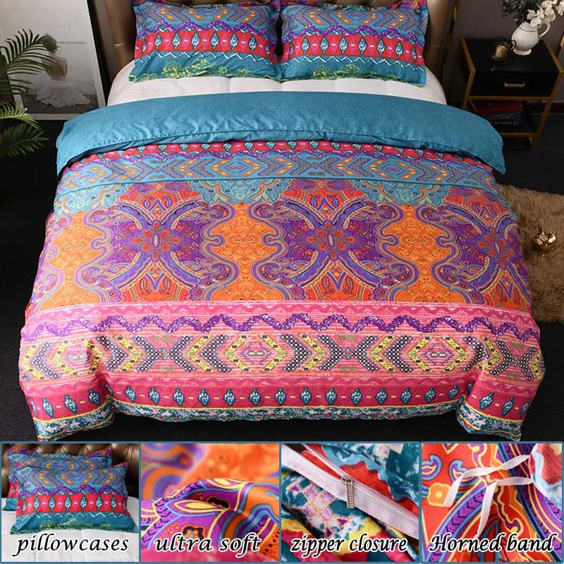 Boho Pattern Duvet Cover Set Soft Microfiber Duvet Cover with Zipper Closure & Corner Ties