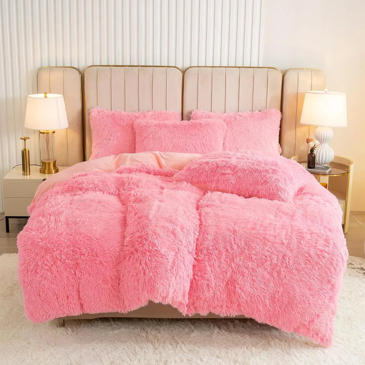 Solid Color Fluffy Duvet Cover Set, 3Pcs/Set Soft Comfortable Duvet Cover & Pillowcase without Filler