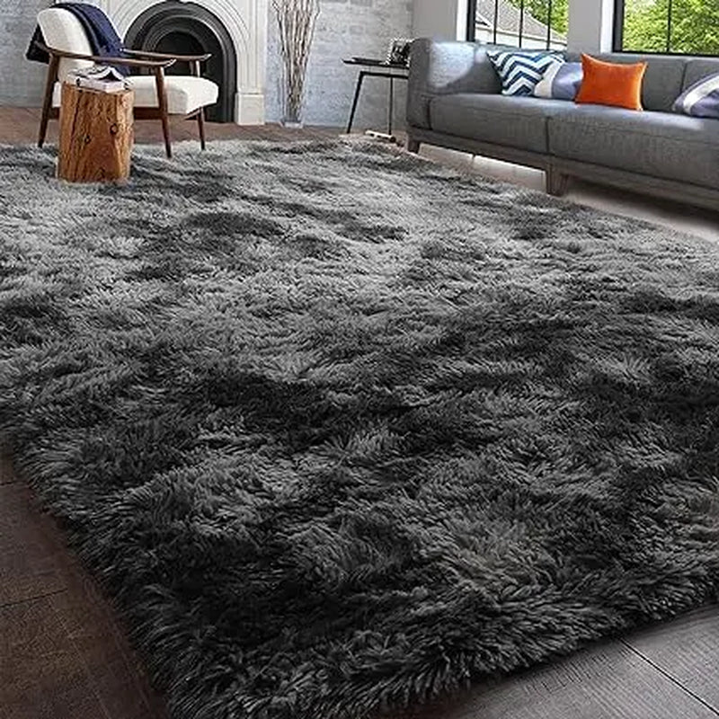 Abstract Shaggy Area Rug, 4X6, Plush Furry Rugs for Living Room, Tie-Dyed Grey Soft Fluffy Rugs for Bedroom, Fuzzy Rugs for Nursery, Dorm Shag for Grils Boys, Carpet for Kids Room