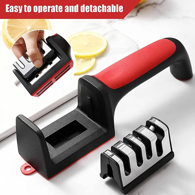 4-in-1 Knife Sharpener Stainless Steel Quick Knife Sharpening Tool Stable Non-Slip Base for kitchen knives Grip Rubber Handle