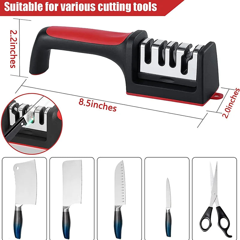 4-in-1 Knife Sharpener Stainless Steel Quick Knife Sharpening Tool Stable Non-Slip Base for kitchen knives Grip Rubber Handle