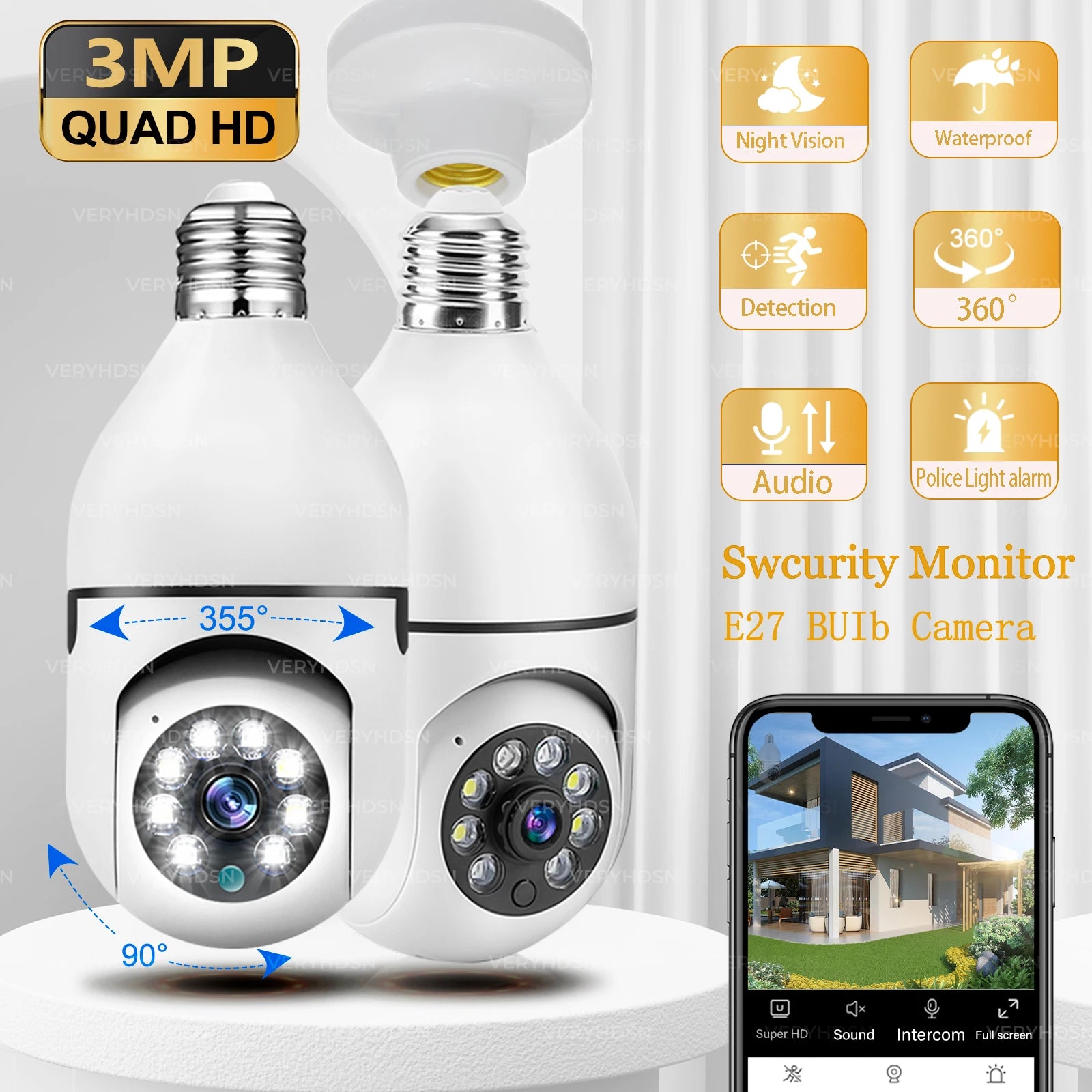 3MP E27 Bulb IP Wifi 1/4PCS Camera Indoor Video Surveillance Camera Security Protection Baby Monitor Full Color Night Vision Cam