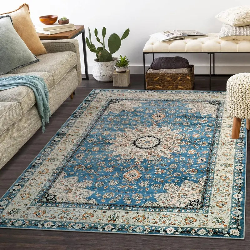 Lahome Oriental Floral Medallion Area Rug - 8X10 Soft Large Rugs for Bedroom Aesthetic Dining Room Rug, Vintage Printed Non Slip Low Pile Living Room Carpet for Family Room Foyer Den Office, Blue