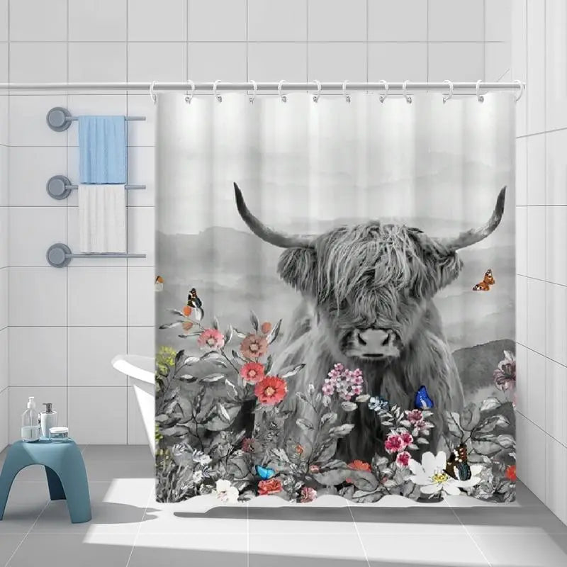 Waterproof Cow Print Shower Curtain, 1 Piece Foldable Bathroom Curtain